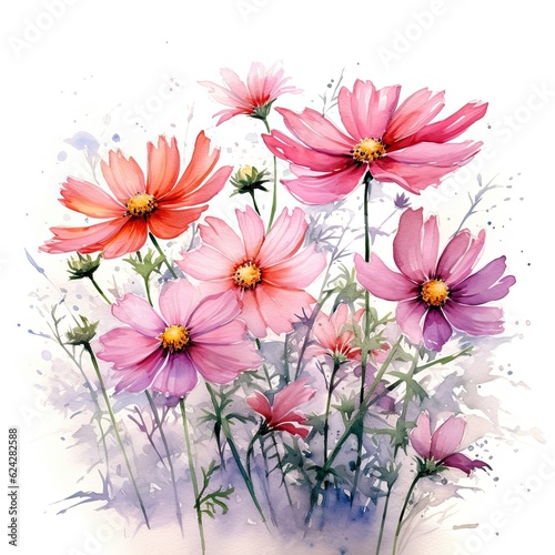 Watercolor floral illustration  Pink cosmos flowers composition.