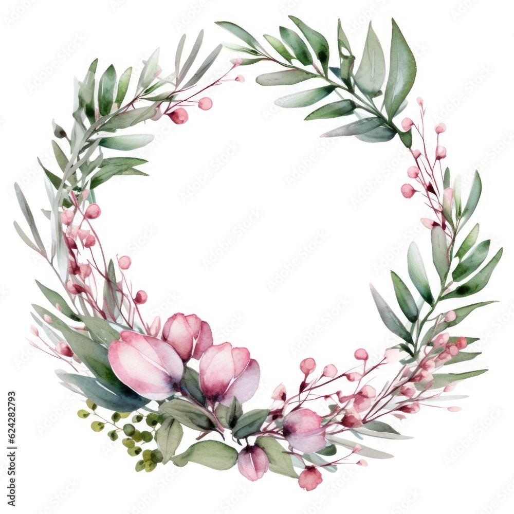 Wedding floral composition, watercolor eucalyptus greenery arrangement isolated on white illustration. Generative AI