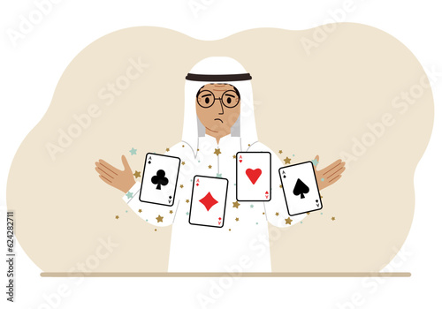 Man holding playing cards cards. Playing combination of 4 aces or four of a kind.