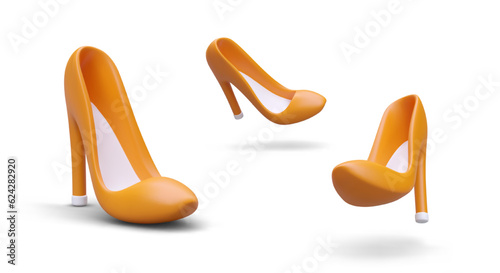 Realistic female shoes in different positions. Yellow clothing element. Different view angles. Beautiful heeled shoes template. Vector basic clothing fashion mock up in cartoon style