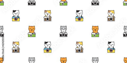 cat seamless pattern kitten film camera photographer calico neko vector cartoon character breed pet gift wrapping paper tile background repeat wallpaper animal doodle illustration scarf design isolate