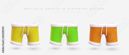 Realistic shorts of different colors. Short trousers with adjustable drawstring waist. Sports modern unisex clothing. Set of isolated vector images in cartoon style