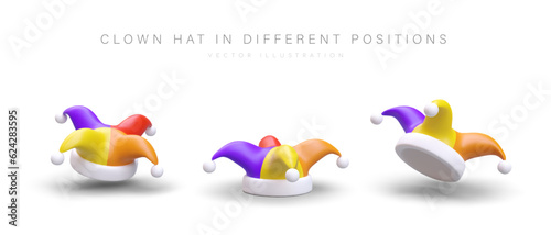 3D clown hat in different positions. Multicolored harlequin, jester hat with bells. Vector model, top, bottom, side view. Symbol of carnival, holiday, entertainment