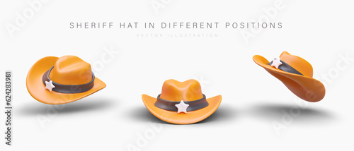 Realistic 3D cowboy hat in various poses. Product for clothing store and advertising poster. Sheriff hat in different positions. Vector illustration in orange colors in cartoon style