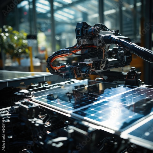 Automated Manufacturing Facility. Solar Panels are being Assembled on Conveyor. Generative AI