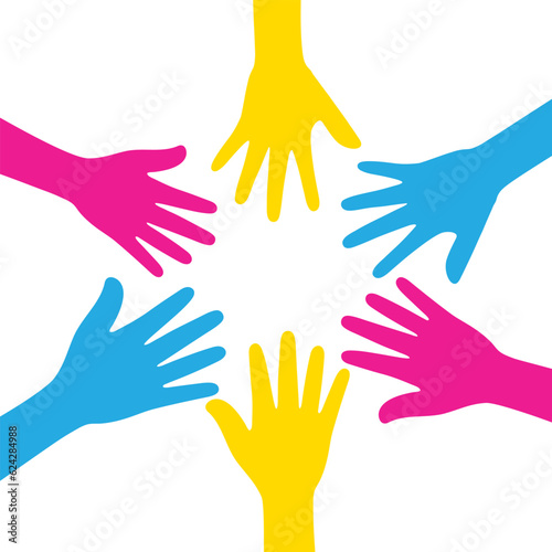 Silhouette of pink, yellow, and blue colored hands as the colors of the pansexual flag. Flat vector illustration. 
