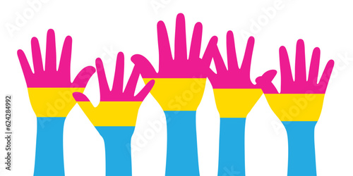Silhouette of pink, yellow, and blue colored hands as the colors of the pansexual flag. Flat vector illustration.	