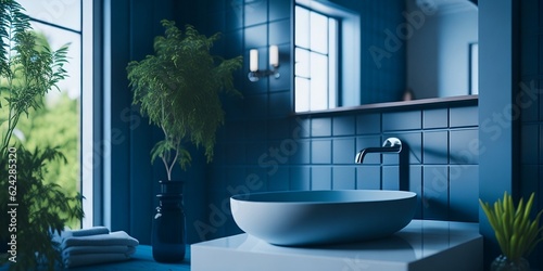 blue furniture, modern bathroom, sink, hub, plants, bath