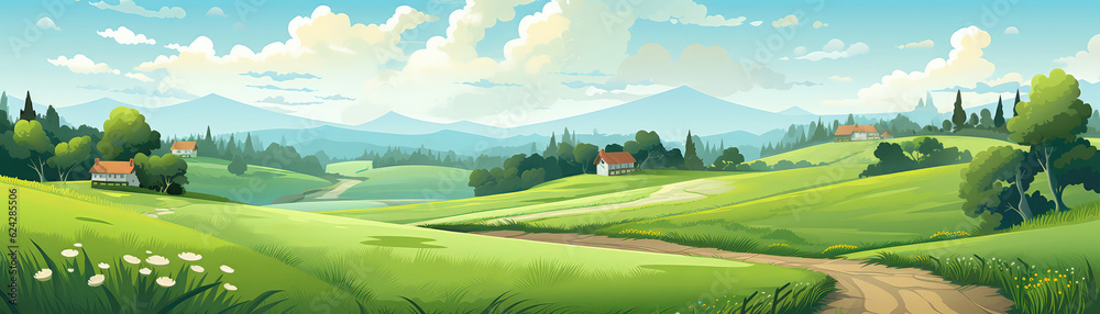 Picturesque Farm Landscape With Winding Country Road. Panoramic Banner. Generative AI