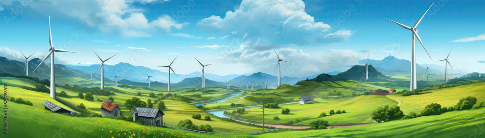 Scenic Farm Landscape With Windmills, Wind Turbines, And Green Fields. Panoramic Banner. Generative AI Scenic Farm Landscape With Windmills, Wind Turbines, And Green Fields. Panoramic Banner. Generative AI