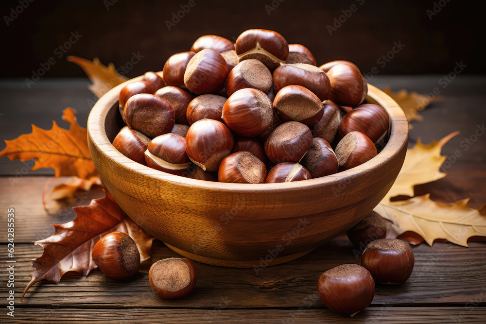 Rustic Wooden Bowl Filled With Roasted Chestnuts. Generative AI Rustic Wooden Bowl Filled With Roasted Chestnuts. Generative AI
