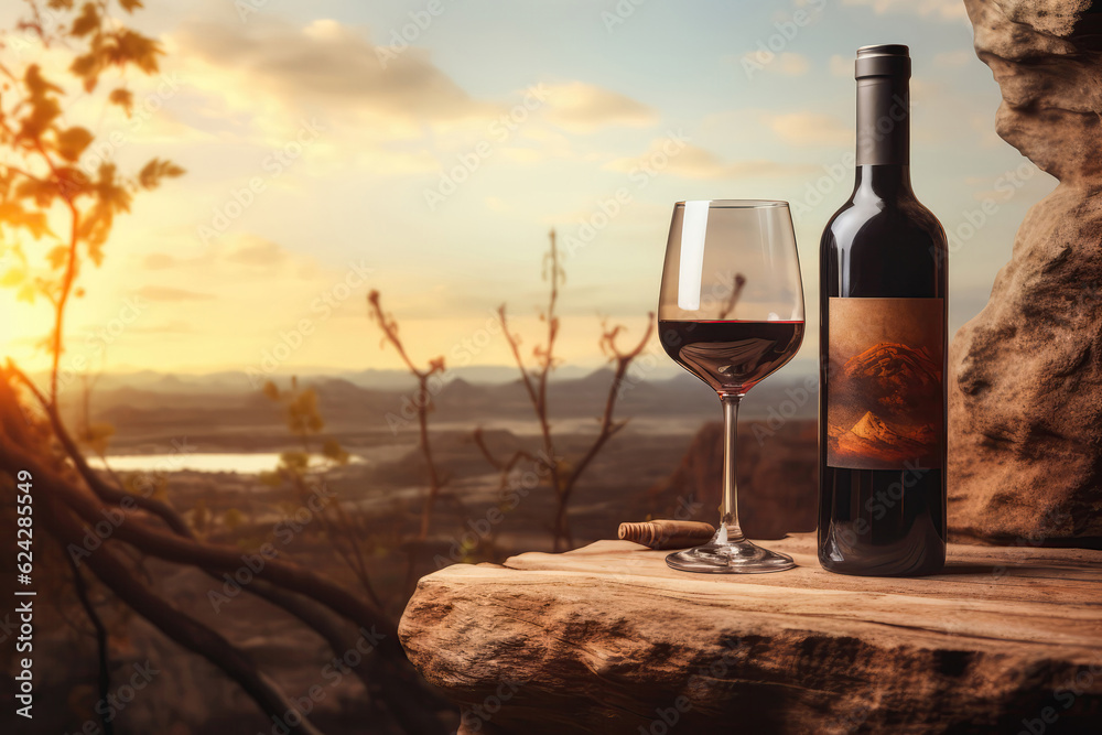 An Unlabeled Bottle Of Wine With Picturesque Rustic Background. Generative AI