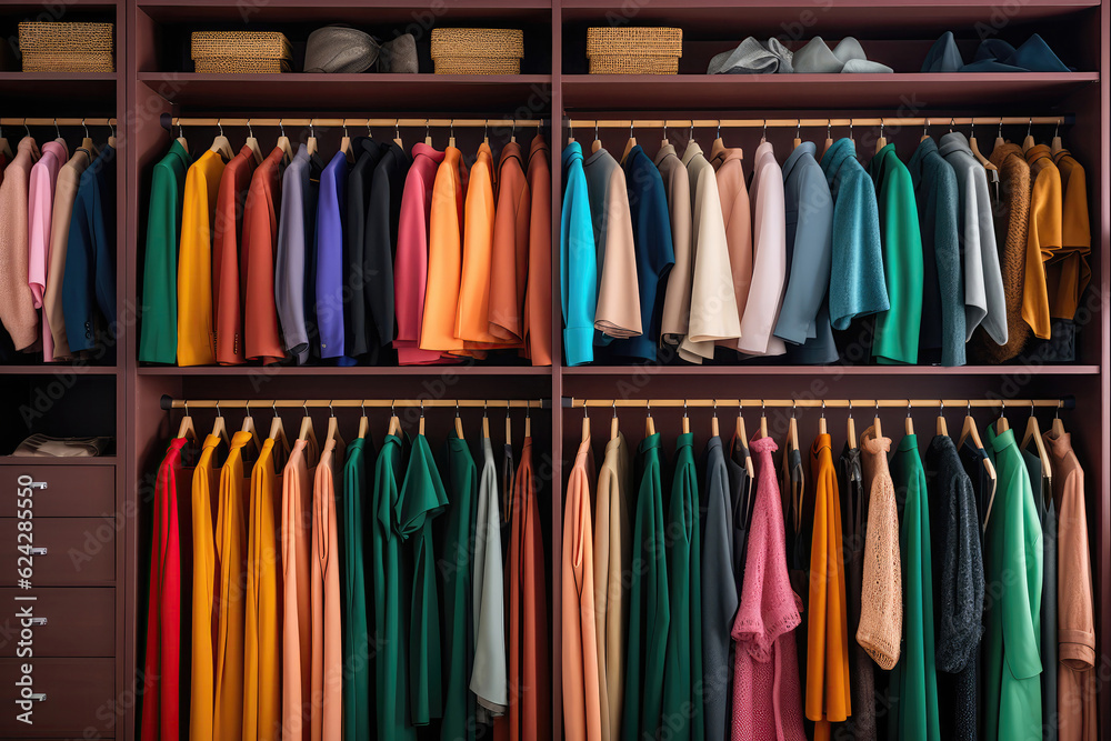Neatly Organized Closet Filled With Colorful Dresses And Suits. Generative AI