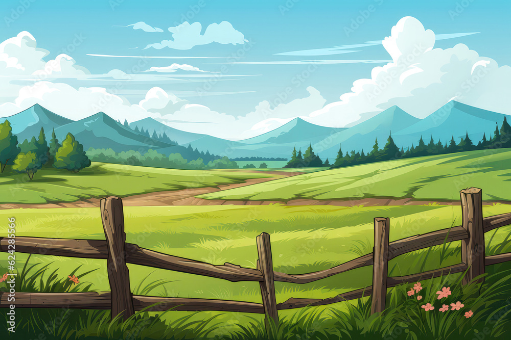 Rustic Wooden Fence Dividing Green Meadow And Farmland Illustration. Generative AI