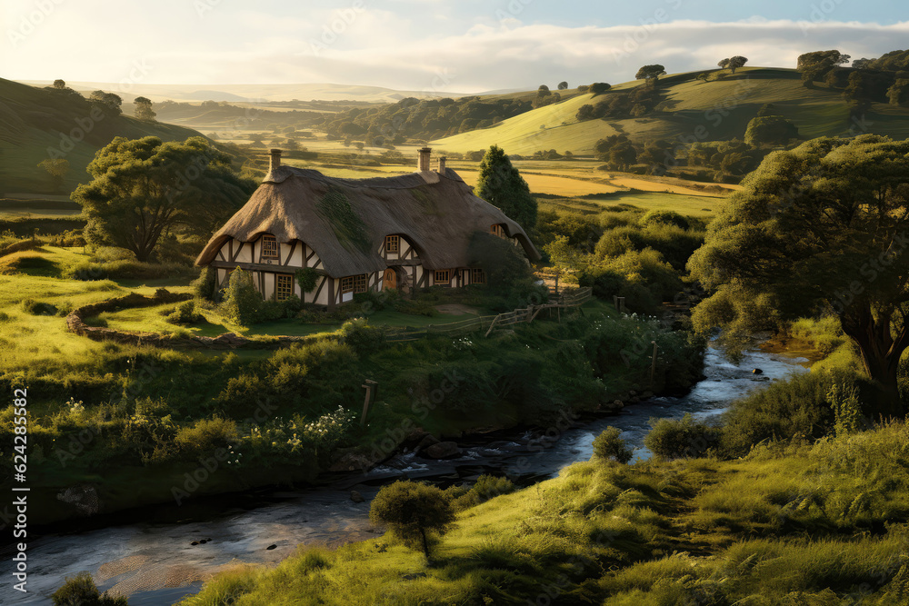 Naklejka premium An Idyllic Farmhouse Surrounded By Lush Green Fields And Winding River. Generative AI