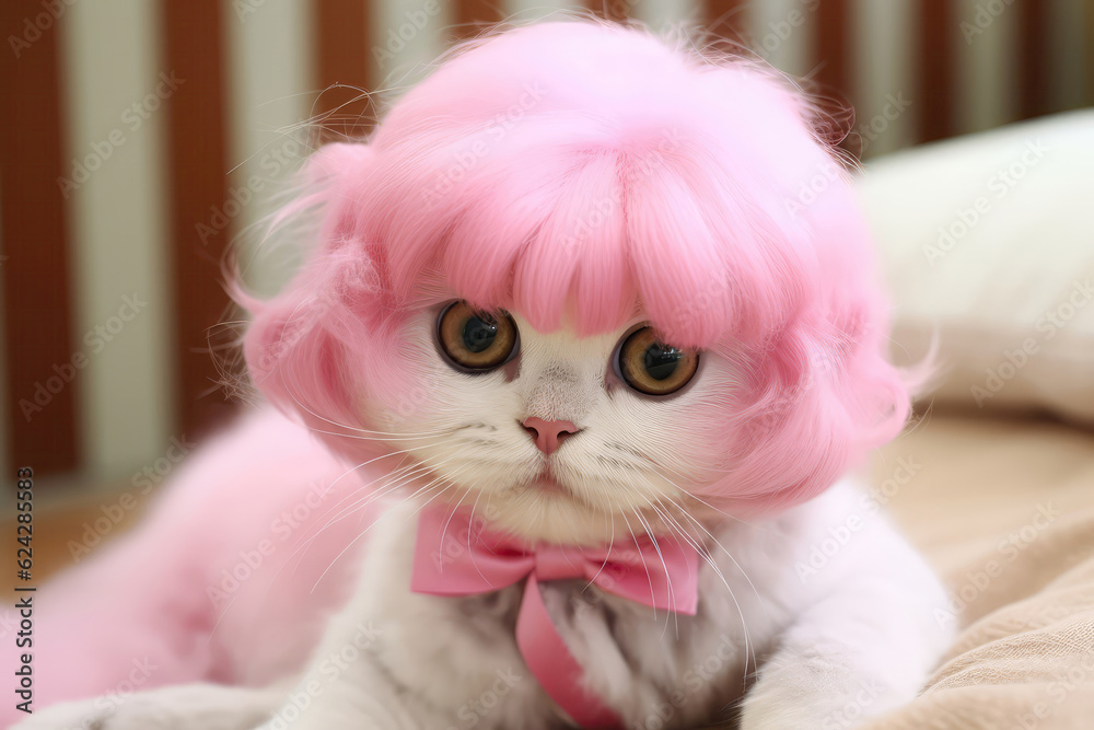 Adorable Scottish Fold With Curly Pink Wig And Hairpin. Generative AI