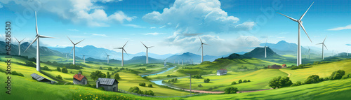 Scenic Farm Landscape With Windmills, Wind Turbines, And Green Fields. Panoramic Banner. Generative AI