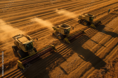 Aerial View Of Cereal Harvesters And Tractors At Farm. Generative AI