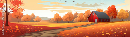 Traditional Red Barn Surrounded By Colorful Autumn Foliage. Panoramic Banner. Generative AI