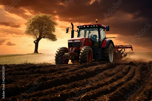 Tractor Plowing Field Against Rural Landscape Backdrop. Generative AI