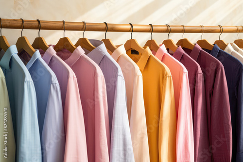 Row Of Neatly Hung Buttonup Shirts In Different Colors. Generative AI