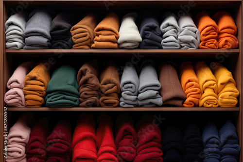 Shelf Filled With Neatly Stacked Folded Hoodies. Generative AI