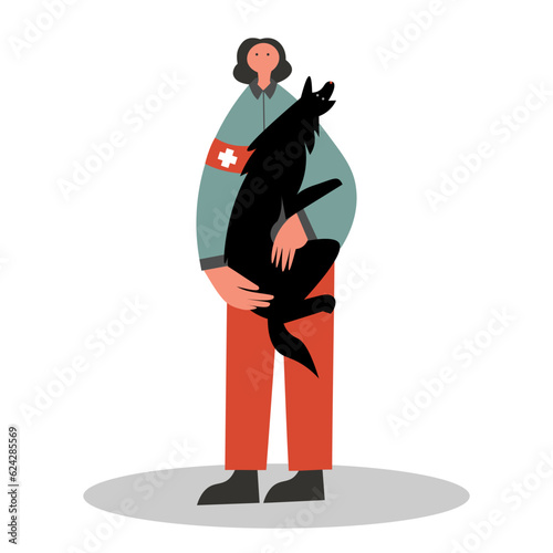 Young female in uniform and emblem with cross on hand holding dog. Volunteer helping animals. Pets rescue and protection concept. Flat vector illustration in cartoon style