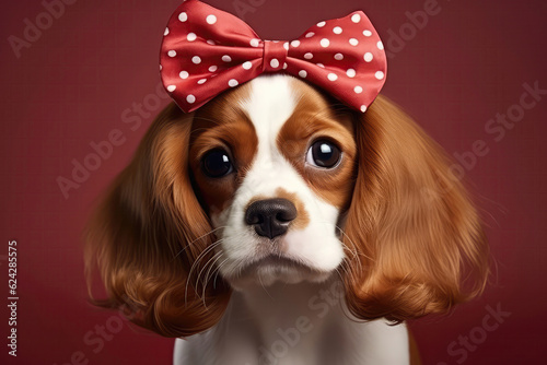 Adorable Beagle With Curly Red Wig And Bow. Generative AI