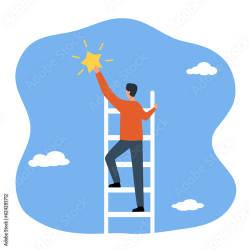 Businessman climbing on ladder to sky and catching star in flat design. Achieve goal and career success. photo