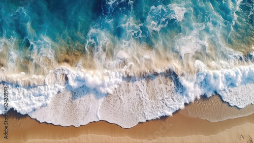 ocean wave on coastal zone, white sand, deep blue water generative ai © LomaPari2021