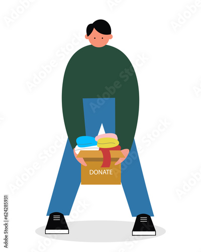Adult male standing and holding box with clothes. Volunteers help with clothes for people in need concept. Voluntary community assistance to people. Flat vector illustration in cartoon style