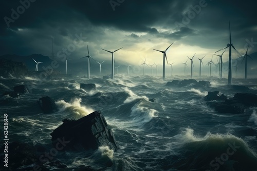 Wind turbines on the surreal sea. renewable energy background with green energy. Generative AI