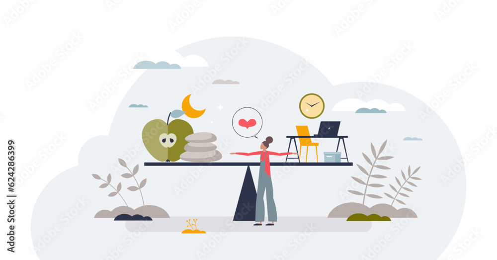 Employee wellness programs with workspace health benefits tiny person concept, transparent background. Job and relaxation balance with company provided leisure services illustration.