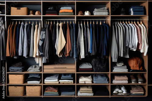 Casual And Comfortable Clothing Essentials Neatly Organized In Closet. Generative AI