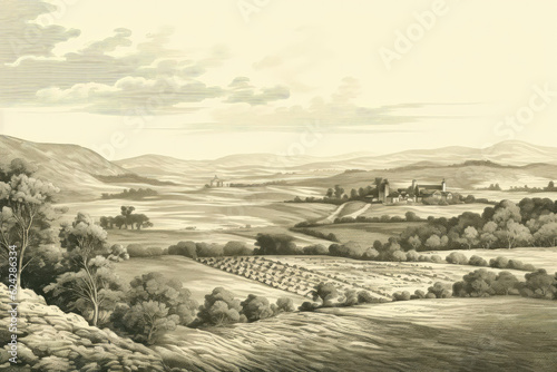 Fotografia Engraved Illustration Of Rural Panoramic Landscape With Farm