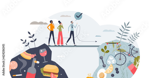 Bridging the health divide as start new healthy lifestyle tiny person concept, transparent background. Professional support for beginning or road to diet and fitness activities illustration.