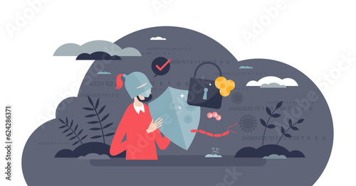 Cybersecurity guard with data safety and security shield tiny person concept, transparent background. Protect information from crime, hackers and viruses.
