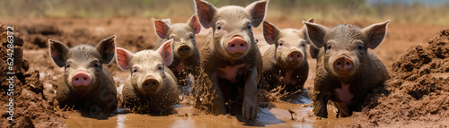 Group Of Adorable Piglets Playing In Mudfilled Pen. Panoramic Banner. Generative AI