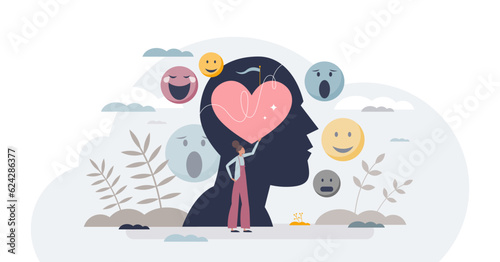 Emotional intelligence as ability to understand feelings tiny person concept, transparent background. Face expression and mood changes recognition and fair psychological judgment illustration.