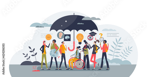 Inclusive education and ability to study for disabled pupil with physical limitations tiny person concept, transparent background. Social groups and multicultural society learn in school.