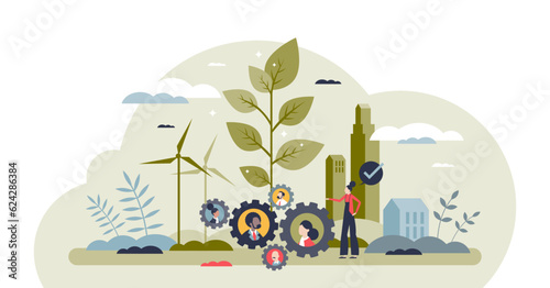 Corporate social responsibility or CSR business strategy growth tiny person concept, transparent background. Sustainable, environmental and nature friendly company development.