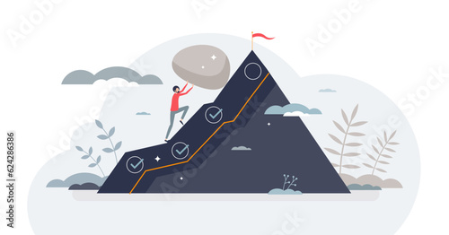 Hard work and successful effort determination process tiny person concept, transparent background.Achievement motivation as businessman pushing rock on mountain illustration.
