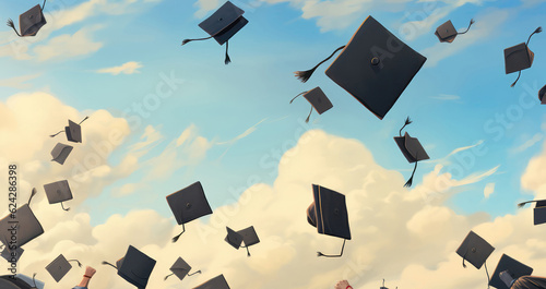 Lots Of Graduation Hats Tossed Up Against The Sky. Generative AI
