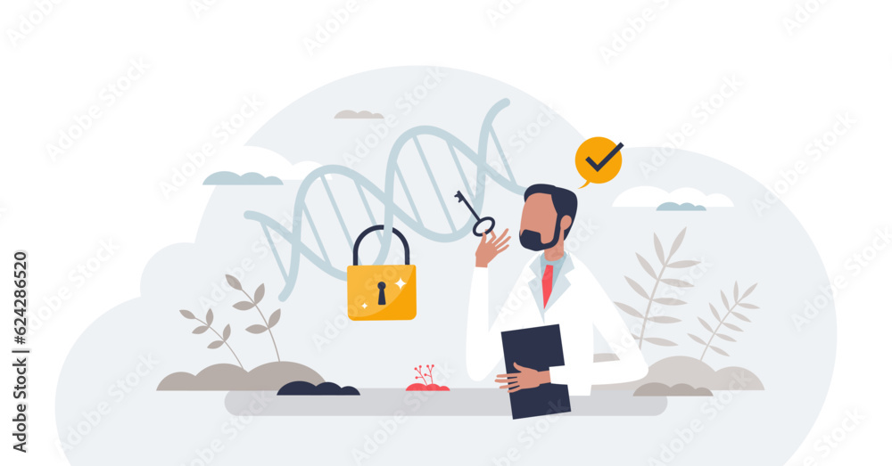 Personalized medicine with specific patient DNA research tiny person concept, transparent background.