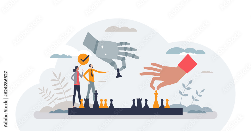 Artificial intelligence or AI usage for intellect games tiny person concept, transparent background. Play chess with human vs robot teams illustration. Futuristic machine interaction.