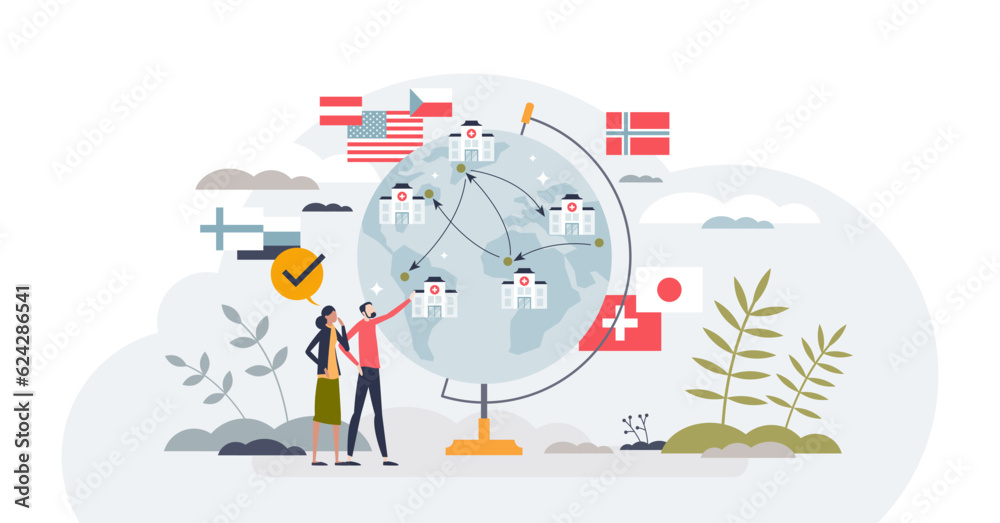 Health equity as global equal healthcare accessibility tiny person concept, transparent background. International illness treatment fairness as social support balance illustration.