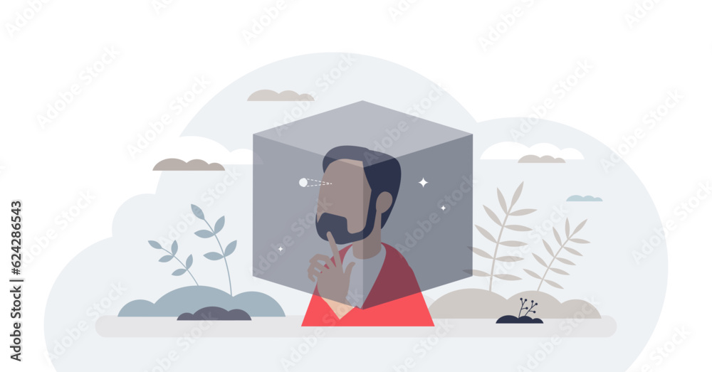Fixed mindset and trapped thoughts in a mind box tiny person concept, transparent background. Knowledge and skills management problem with afraid of mistakes and unknown illustration.