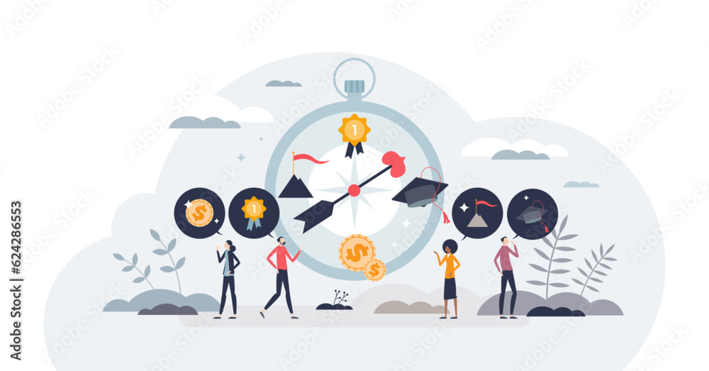 Purpose driven life as find reason and motivation to live tiny person concept, transparent background. Successful target planning and importance of values or belief illustration.