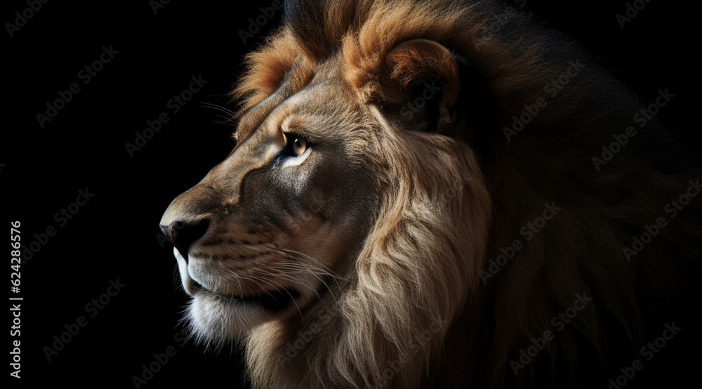 A lion on a black background, created with Generative AI technology.