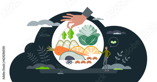 Vegan diet with fresh vegetables and avoid meat in menu tiny person concept, transparent background. Greens, nuts and seeds based meal for healthy and vitamin rich food eating illustration.